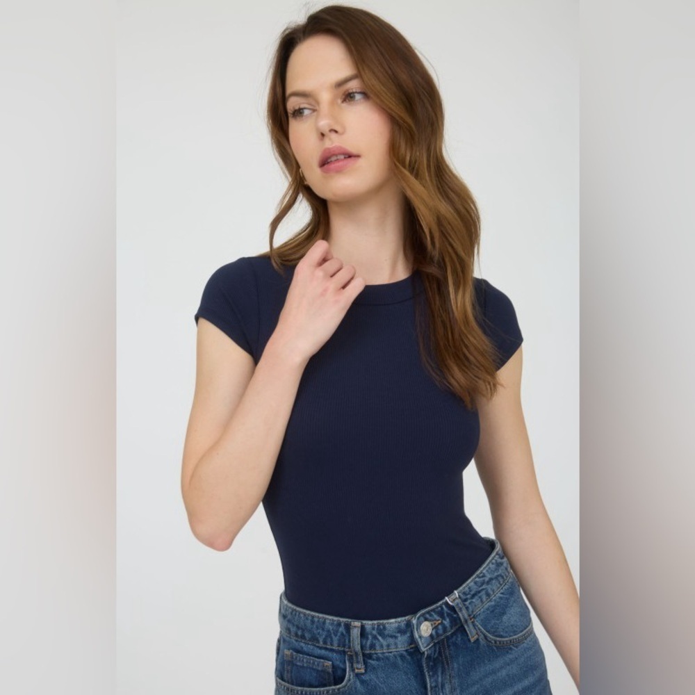 The Workshop Round Neck Short Sleeve Knit Bodysuit In Navy - Picture 2 of 5
